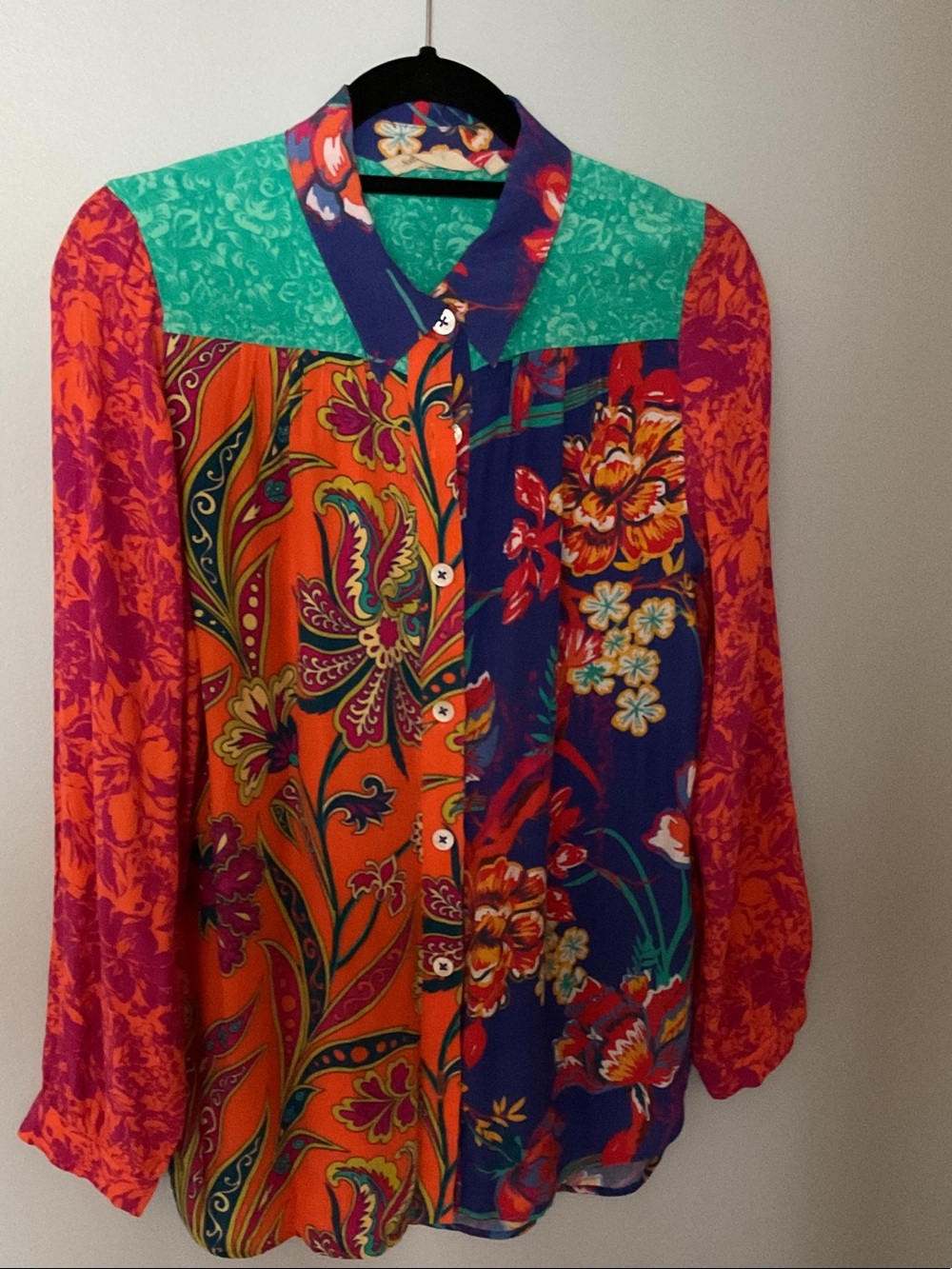 Bold Floral Patchwork Button-Up Blouse - Multi
